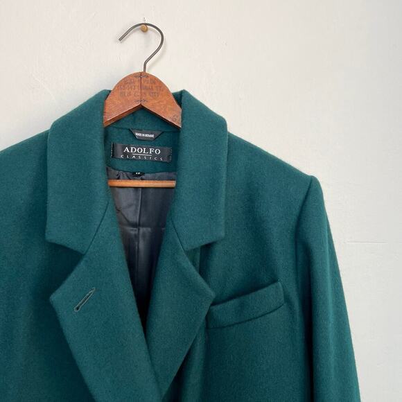 Vintage 90s NEW Adolfo Classics 100% Wool Green Double Breasted Long Coat 10 - Picture 2 of 14